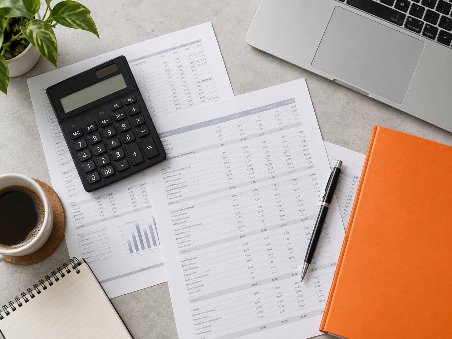 Imagen ilustrativa de herramientas de trabajo contable: estados financieros, calculadora y carpeta de documentación.